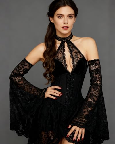 L'VOW Women's 1 Pair Gothic Black Lace Sleeves Witch Gloves Victorian Lace Arm Sleeve Vampire Accessory - color: D Black
