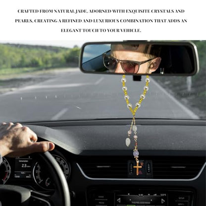 Natural Jade Cross Car Hanging Ornament, Religious Handmade Rearview Mirror Pendant with Pearl, Christian Rear View Mirror Charm Glass Beaded Hanging Accessories for Women Men