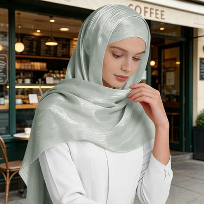 Premium Hijab Head Scarf for Women Lightweight Shimmer Hijab Head Wrap Scarves Crepe Satin Scarf Shawl Wrap - color: Light Green