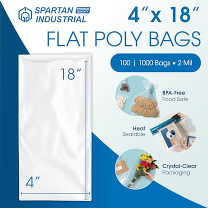4" X 18" Open-End Flat Poly Bags (1000 Count) - 2 Mil Clear | Heat-Sealable Plastic Bags for Packaging, Shipping, Storage - No Adhesive Strip - Spartan Industrial - size: 4" X 18"