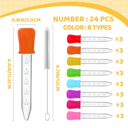 24 Pack Liquid Droppers with a Clean Brush, 5ML 8 Colors Silicone and Plastic Pipettes with Bulb Tip, Medicine Eye Dropper for Crafts/Candy Mold/Gummy Bear Maker/Oil