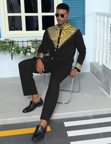 Mens African 2 Piece Set Metallic Traditional Suit Gold Stamp Printed African Dashiki Shirt and Pants Outfit - color: Black, size: X-Large