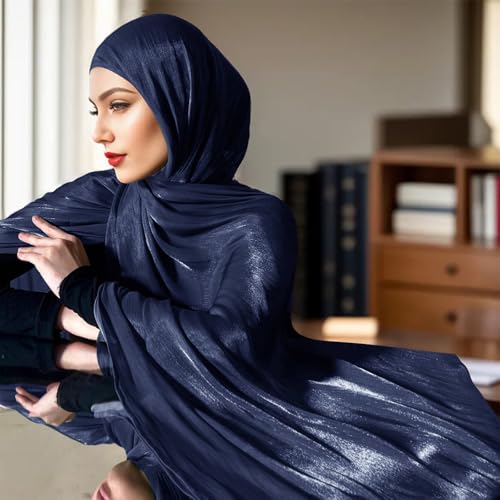 Premium Hijab Head Scarf for Women Lightweight Shimmer Hijab Head Wrap Scarves Crepe Satin Scarf Shawl Wrap - color: Navy Blue