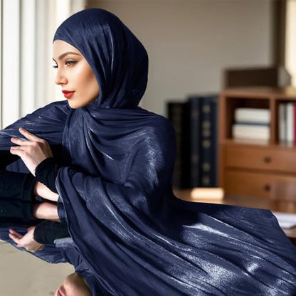 Premium Hijab Head Scarf for Women Lightweight Shimmer Hijab Head Wrap Scarves Crepe Satin Scarf Shawl Wrap - color: Navy Blue