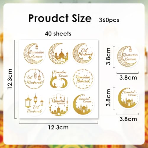 360PCS Gold Foil Ramadan Stickers - Eid Mubarak & Kareem Self-Adhesive Ramadan Kareem Sticker, Muslim Labels Decorations for Party Favor Supplies