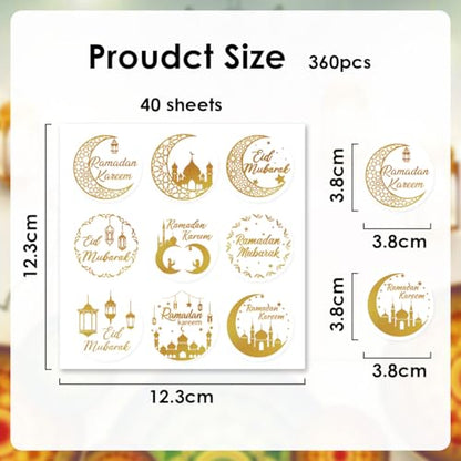 360PCS Gold Foil Ramadan Stickers - Eid Mubarak & Kareem Self-Adhesive Ramadan Kareem Sticker, Muslim Labels Decorations for Party Favor Supplies