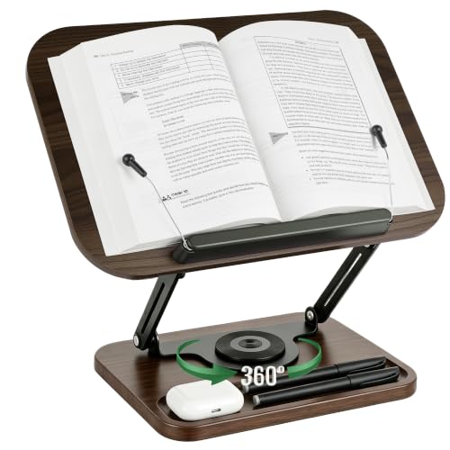 Book Stand for Desk, 360° Rotating Cookbook Holder for Hands-Free Reading Recipe Book Holder with Page Clips, Adjustable Height for Textbooks, Comics, Sheet Music - style: Book Stand(Walnut Finish)