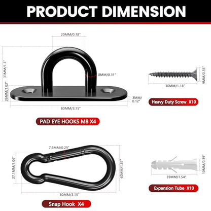 sprookber 304 Stainless Steel Pad Eye Snap Hooks, M8 Heavy Duty Ceiling Hooks, 1200 lb Capacity Hammock Swing Hanging kit, Plant Hangers, Marine Hardware Staple Hook Loop with Screws, Set of 8(Black) - size: 3.15 inch, style: Black Oval