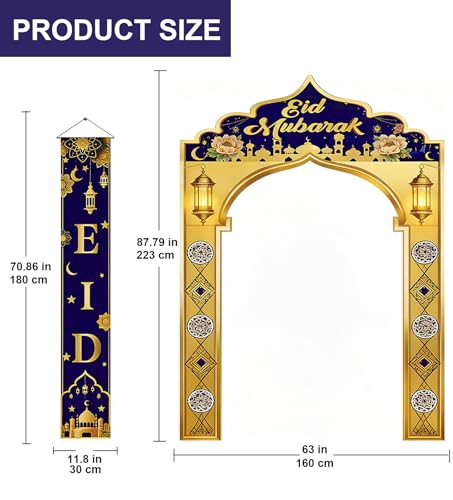3 IN 1 Eid Mubarak Banner Decorations, Islamic Mosque Archway Backdrop with Eid Mubarak Hanging Banners, Ramadan Eid Decor for Home Door Wall Indoor Outdoor