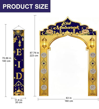 3 IN 1 Eid Mubarak Banner Decorations, Islamic Mosque Archway Backdrop with Eid Mubarak Hanging Banners, Ramadan Eid Decor for Home Door Wall Indoor Outdoor