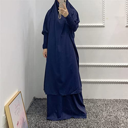 Women Muslim 2 Set Solid Color Plus Long Sleeve Thobe One-size Longuette Overall Abaya Thobe with Hoodied Hijab - color: Navy Blue