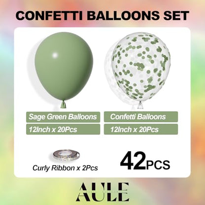 AULE Party Balloons Pack of 42-12in Sage Green Confetti Balloons & Sage Green Latex Balloons and 64ft Ribbons-12 Inches Balloons Decorations set - color: Sage Green