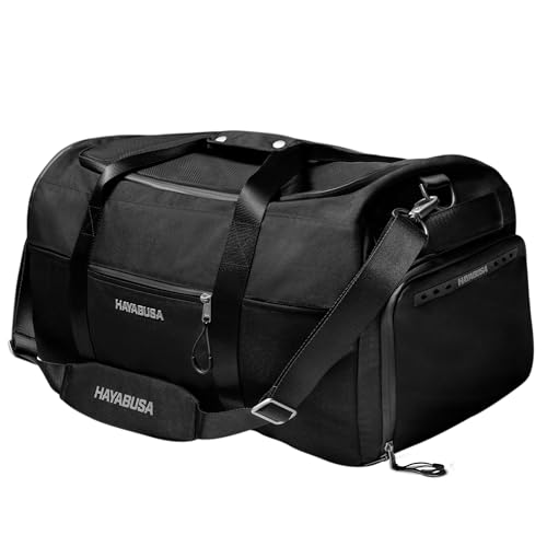 Hayabusa Airstream Athletic Duffle Gym Bag for Women and Men - Black, 50l duffle bag - 7 zippered Pockets, Good for travel, Boxing, MMA, BJJ, kickboxing, Muay Thai, wrestling, Glove/Shoe Compartment