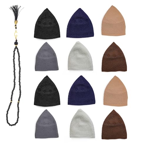 Men's Knit Kufi Muslim Prayer Cap Set with Tasbih Beads Multi Packs - color: Zumrut - Mix 2