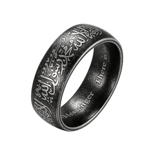 Hipunk Stainless Steel Islamic Muslim Shahada Ring - Mohammad Arabic Letter Rings Band Prayer Religious Calligraphy Ayatul Kursi Allah Rings Eid Ramadan for Men Women Size 9-12 - color: Retro black