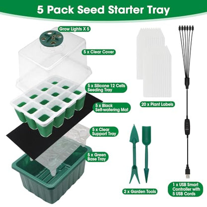 5PCS 60 Cell Self Watering Seed Starter Tray with Grow Light, Reusable Silicone Seed Starter Kit with Humidity Dome, 60 Cells Plant Germination Trays for Seeding Planting Growing（5-Pack 60-Cell）