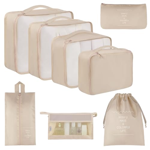 Vercord 8 Set Travel Packing Pods Luggage Organizers Cubes with Laundry Bags Accessories - color: Beige-8set