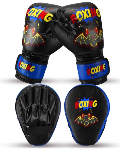 Boxing Gloves and Punching Mitts Set 4oz Gloves Boxing Pads Kids Youth Sparring Gear Training Equipment for Taekwondo Kick Karate Muay Thai MMA Martial Art - style: Black Bat