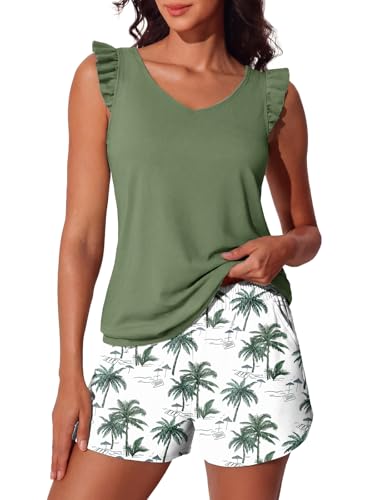 Ruffle Tankini Swimsuits for Women Modest Bathing Suit with Shorts and Pockets High-Back 2026 Swimwear - color: Green Shadow, size: 10