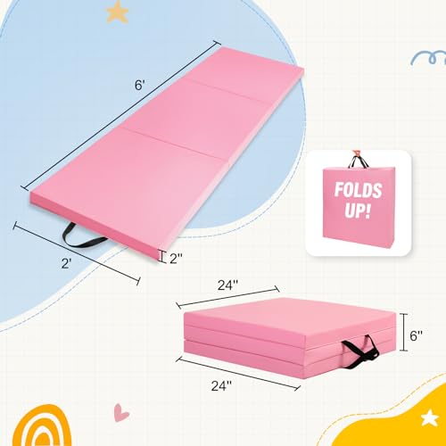 Outroad 6/8/10' Foldable Gymnastics Gym Exercise Aerobics Mat, PU Leather Tumbling Mat with Hook & Loop Fastener for Stretching Yoga Cheerleading Martial Arts - Versatile Fitness Mat for Home Workout - color: Pink 3 folding mat 6' x 2' x 2"