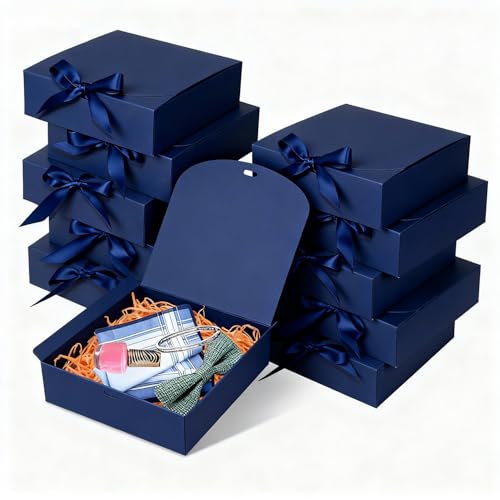 WLUSEAXI 10pack Gift Boxes with Lids, 6.5''x6.5''x2'' Blue Gift Boxes For Presents, Paper Boxes with Ribbon for Birthday Wedding Party Chocolate Candy - color: Blue
