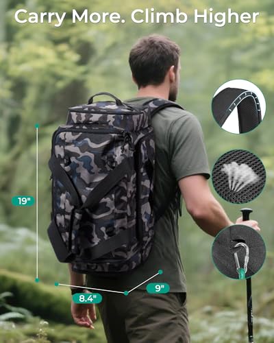 BAGSMART 4-IN-1 Gym Bag for Women Men, TSA Duffle Bag for Travel | With Shoe Compartment & Wet Pocket, 22L/30L/38L Tactical Backpack with 40oz Water Bottle Holder, Lightweight, Water-resistant - color: Forest Camo