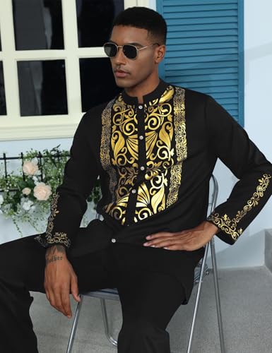 Mens African 2 Piece Sets Dashiki Metallic Traditional Suit Gold Stamp Printed Shirt and Pants Outfit - color: Black, size: Small