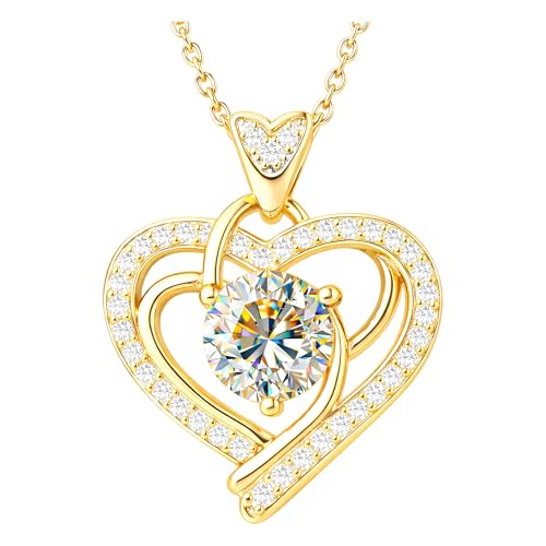Heart Moissanite Necklace for Women — Anniversary Graduation Birthday Wedding Gift for Wife Mom Girlfriend Daughter Sister, 14K Gold Plated or 925 Sterling Silver, 1-3 CT D Color VVS1 GRA-Certified Amulet for Endless Love, Gift-Boxed - color: Gold 1 CT