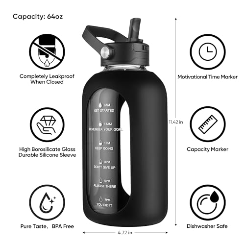 CIVAGO 64 oz Glass Water Bottle Jug with Detachable Straw and Time Maker | Half Gallon Motivational Large Flask Cup with Handle, Leakproof Lids, Wide Mouth, Silicone Sleeve, Juice Tumbler, Army Green - color: .Army Green, size: 64 Ounces