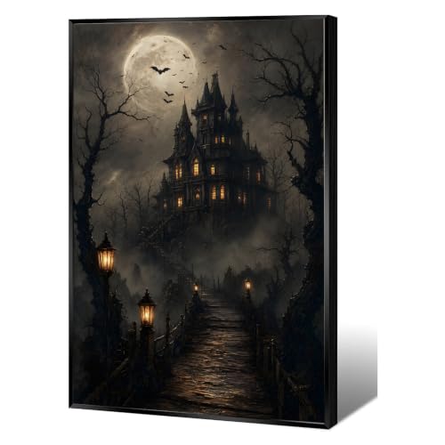 Haunted Gothic Mansion Canvas Wall Print Full Moon Bats Foggy Wooden Bridge Spooky Halloween Dark Fantasy Wall Decor - color: Nature14, size: 8x12in Black Framed