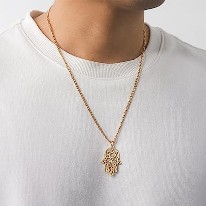 Hamsa Hand of Fatima Hexagram Necklace Star of David Evil Eye Pendant Jewish Female Protection Amulet Symbol Jewelry Women Men - color: gold