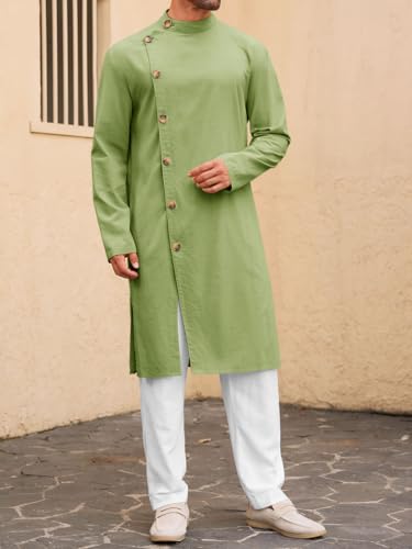 Runcati Mens Kaftan Thobe Button Down Long Sleeve Robe Casual Henley Shirt Cotton Muslim Gown Kurta Tops - color: Army Green, size: Large