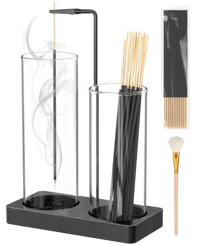 2 in 1 Incense Holder for Sticks with Glass Jars, Upside Down Anti-Ash Incense Stick Burner for Outdoor Patio, Vertical Incense Holder with Storage for Home Decor Spa Meditation and Black - color: Round Black