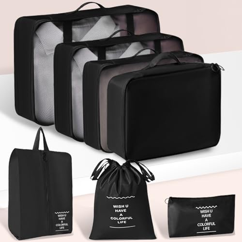 Packing Cubes 7 Set Travel Essentials for Carry on Luggage Organizers Bag Packing Cubes for Suitcases Travel Accessories() - color: Black