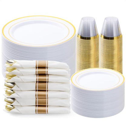 BESTVIP 350PCS Gold Plastic Dinnerware Set, Disposable Party Plates for 50 Guests, Include: 100 Plastic Plates, 50 Pre Rolled Napkins with Gold Silverware, 50 Cups - color: Gold, size: 50 Guests