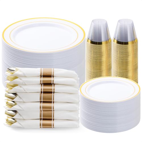 BESTVIP 350PCS Gold Plastic Dinnerware Set, Disposable Party Plates for 50 Guests, Include: 100 Plastic Plates, 50 Pre Rolled Napkins with Gold Silverware, 50 Cups - color: Gold, size: 50 Guests