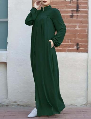 Womens Abaya Muslim Long Sleeve Front Zipper Dress Prayer Islamic Clothes with Pockets - color: Dark Green, size: Small