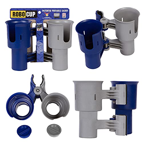 (Navy&Gray), Patented Clamp On Boat Cup Holder |Multifunction Dual Drink Caddy for Fishing Poles, Tools, Net, Gaff |Portable Storage for Boating, Beach, Umbrellas, Golf Carts, Strollers - color: Navy & Gray, size: Standard Spring