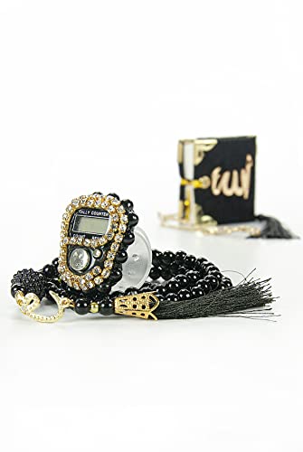 İhvan Online Mini Velvet Quran Set with Islamic Finger Counter, Portable Digital Tasbeeh, Muslim Prayer Beads, Pearl Zikirmatic Beads, 3 Pieces Gift Set for Mevlüt (Black) - color: Black