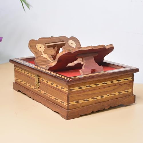 Goofy Turtle Wooden Books Storage Box with Foldable Book Reading Stand Attached Rehal for Bhagwat Geeta, Ramayana, Guru Granth Sahib ji, Bible and Quran