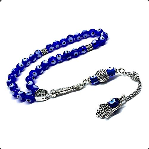 Design -Handmade Evil Eye Beaded Collection Worry Beads - Prayer Beads (8 mm-33 Beads) Tesbih-Tasbih-Tasbeeh-Misbaha-Masbaha-Subha-Sebha-Sibha-Rosary (Blade in the Blue) - color: Blade in the Blue