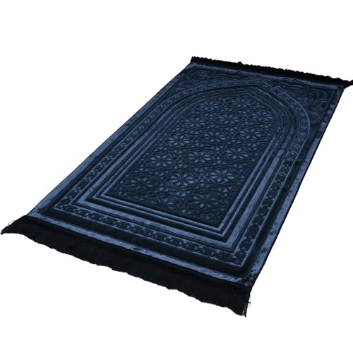 Modefa Luxury Velvet Prayer Rug with Prayer Beads | Soft Elegant Muslim Turkish Janamaz Sajada Carpet for Men and Women | Plain Solid Prayer Mat Ramadan Eid Gift - Najma (Navy Blue) - color: Najma Navy Blue