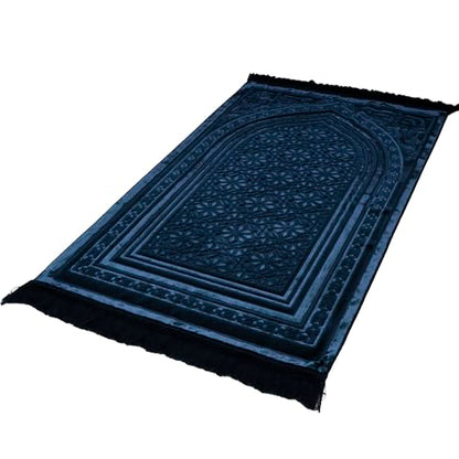 Modefa Luxury Velvet Prayer Rug with Prayer Beads | Soft Elegant Muslim Turkish Janamaz Sajada Carpet for Men and Women | Plain Solid Prayer Mat Ramadan Eid Gift - Najma (Navy Blue) - color: Najma Navy Blue