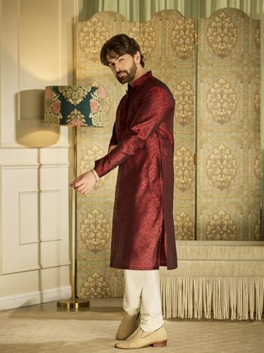 Sojanya (Since 1958 Men'S Teal Silk Blend Kurta Churidar Pyjama Set - color: Red and Off White, size: Medium