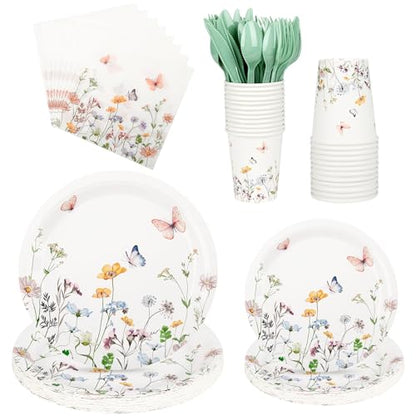 175 Pcs Wildflower Paper Plates and Napkins for 25 Guests | Spring Summer Floral Arrangements Party Tableware for Baby Shower Wedding Birthday Garden Tea Party Supplies - color: Wildflower