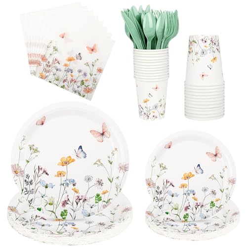 175 Pcs Wildflower Paper Plates and Napkins for 25 Guests | Spring Summer Floral Arrangements Party Tableware for Baby Shower Wedding Birthday Garden Tea Party Supplies - color: Wildflower