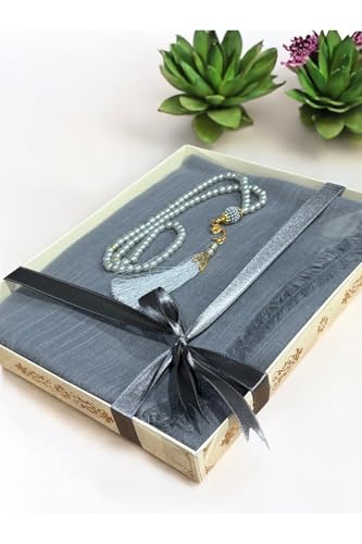 SODEF Ayhanhome 10-Piece Prayer Rug and Tasbih Set Gray Cotton with Tassel for Islamic Gifts, Mevlud, Bridal Trousseau, and Special Occasions - Gray, 39x39 inch