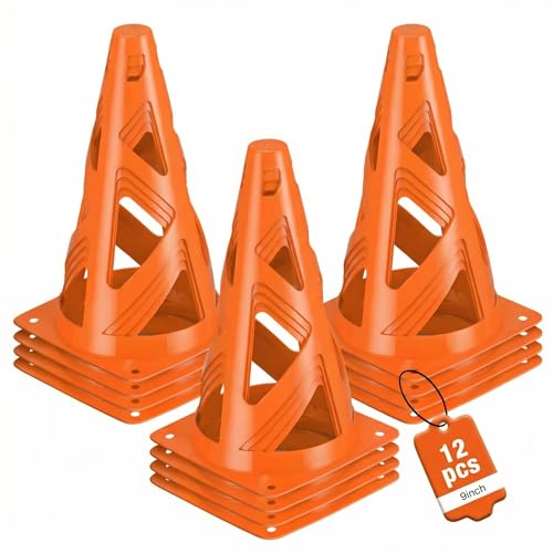 12 Pack Soccer Cones, 9 Inch Agility Cones for Soccer, Football, Basketball, Cones for Sports Training, Speed & Agility Drills, Field Marking Equipment - color: orange