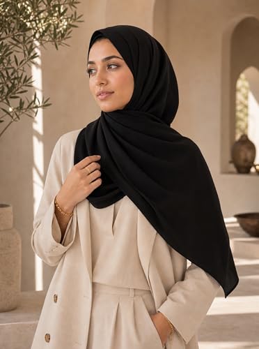 Women’s Chiffon Hijab Scarf - Heavyweight Solid Color Shawl & Wrap, Soft Breathable Headwrap for All Seasons - color: Mcgjxfs2604-black