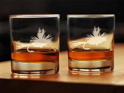 Fly Fishing Whiskey Rocks Glass for Flyfishing Gifts - 10.25 oz - Set of 2 | Bevvee Fishing gift ideas for anglers, fishermen and lake house bars. Old fashioned glass for whiskey, bourbon and cocktails - style: Set of 2